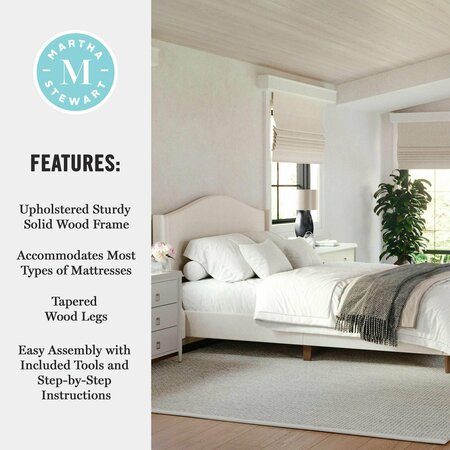 Martha Stewart Amelia Queen Upholstered Platform Bed w/Curved Headboard and Cushioned Siderails, Wood Slat, Beige TW-3WDB02B-Q-BG-MS